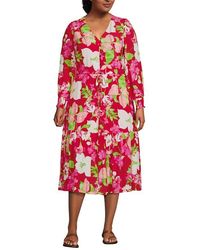 Lands' End - Crepe Button Front Long Sleeve Midi Dress - Lyst