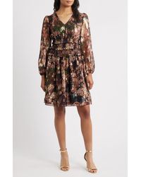 Eliza J Smocked Trim Long Sleeve Velvet Burnout Dress in Black | Lyst