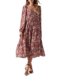 Astr - Floral Pleated Long Sleeve Midi Dress - Lyst