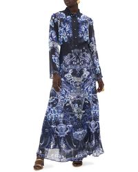 Camilla - Floral Cutwork Lace Collar Long Sleeve Silk Shirtdress - Lyst