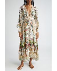 Camilla - Floral Long Sleeve Plunge Neck Silk Maxi Dress - Lyst