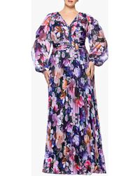 Betsy & Adam - Metallic Floral Pleated Long Sleeve Gown - Lyst