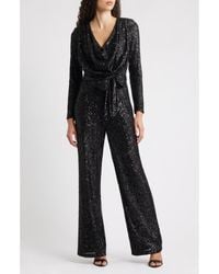 Eliza J - Draped Neck Long Sleeve Sequin Jumpsuit - Lyst
