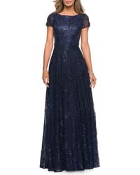 La Femme - Sequin Lace A-Line Gown With Sheer Short Sleeves - Lyst