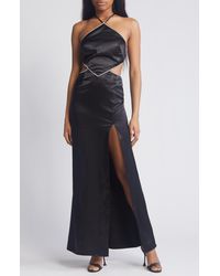 Morgan & Co. - Embellished Trim Cutout Satin Halter Gown - Lyst