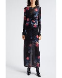 Ganni - Floral Celestial Print Long Sleeve Mesh Maxi Dress - Lyst