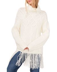 Vince Camuto Cable Cowl Neck Fringed Tunic Sweater - White