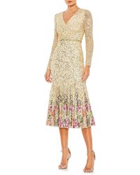Mac Duggal - Floral Embellished Long Sleeve Midi Cocktail Dress - Lyst