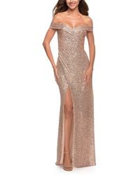 Slit Microchanels La Femme Off Shoulder Sequined High Slit Maxi Dress in Black | Lyst
