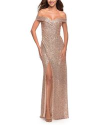 La Femme - Off The Shoulder Ruched Sequin Dress With Slit - Lyst