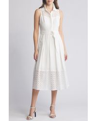 Anne Klein - Eyelet Embroidery Linen Blend Midi Dress - Lyst