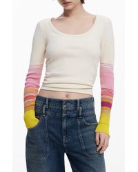 Desigual - Stripe Detail Cotton Blend Rib Top - Lyst
