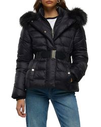River Island - Belted Faux Fur Trim Hooded Puffer Jacket - Lyst