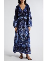 Camilla - Shirred Waist Long Sleeve Silk Maxi Dress At Nordstrom - Lyst