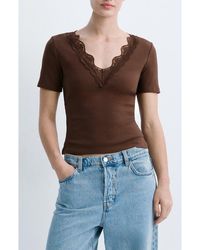 Mango - Lace Trim Rib Knit Crop Top - Lyst