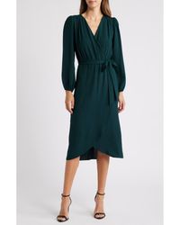 Connected Apparel - Long Sleeve Faux Wrap Midi Dress - Lyst
