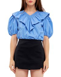 English Factory - Smocked Ruffle Puff Sleeve Cotton Blouse - Lyst