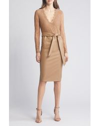 Bebe - Mixed Media Long Sleeve Lace & Faux Leather Dress - Lyst