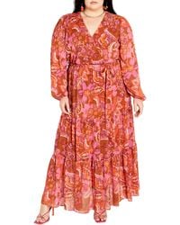 City Chic - Print Long Sleeve Tiered Faux Wrap Maxi Dress - Lyst