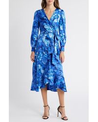 Tahari - Floral Ruffle Tie Waist Long Sleeve Midi Dress - Lyst