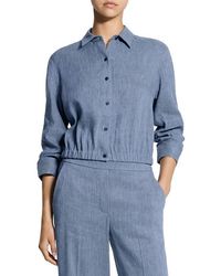 Theory - Scrunch Sleeve Chambray Crop Button-Up Top - Lyst