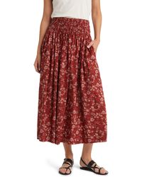The Great - The Viola Floral Smocked Waist Cotton Midi Skirt - Lyst