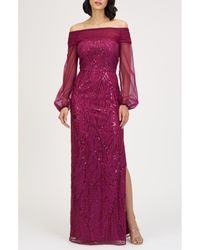JS Collections - Savannah Embellished Off The Shoulder Long Sleeve Chiffon Column Gown - Lyst