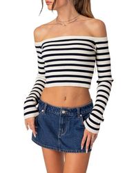 Edikted - Miranda Stripe Rib Off The Shoulder Long Sleeve Knit Crop Top - Lyst