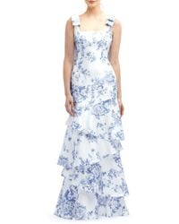 Dessy Collection - Floral Print Ruffle Tie Strap Gown - Lyst