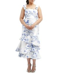 Dessy Collection - Floral Print Ruffle Sleeveless Satin Midi Dress - Lyst