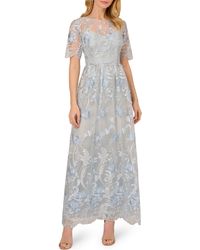 Adrianna Papell - Floral Embroidered Short Sleeve A-line Gown - Lyst