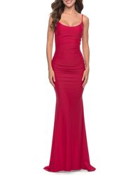 La Femme - Intricate Lace Up Back Jersey Gown With Ruching - Lyst
