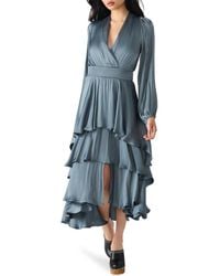 Steve Madden - Bei Long Sleeve Tiered Satin Midi Dress - Lyst