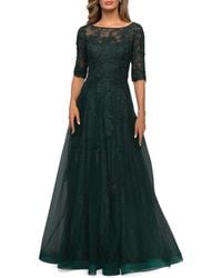 La Femme - Lace And Tulle A-Line Gown With Three Quarter Sleeves - Lyst