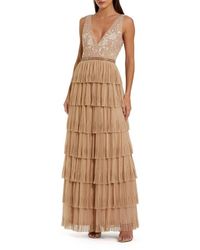 Mac Duggal - Floral Beaded V Neck Tiered Ruffle Mesh Gown - Lyst