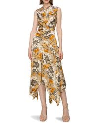 MELLODAY - Floral Print Ruched Satin Midi Dress - Lyst