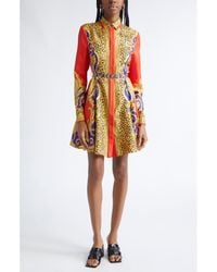 Versace - Cheetah Barocco Print Belted Long Sleeve Silk Dress - Lyst