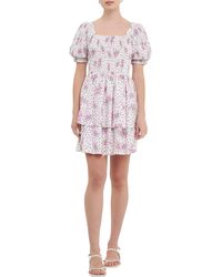 English Factory - Floral Puff Sleeve Tiered Fit & Flare Minidress - Lyst