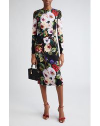 Dolce & Gabbana - Floral Print Long Sleeve Charmeuse Sheath Dress - Lyst