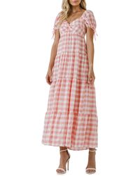 English Factory - Gingham Knot Tiered Cotton Blend Midi Dress - Lyst