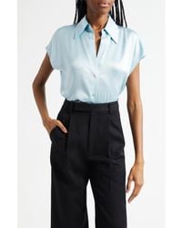 Vince - Cap Sleeve Gathered Back Short Sleeve Silk Button-Up Shirt - Lyst
