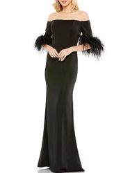 Mac Duggal - Feather Trim Off The Shoulder Satin Trumpet Gown - Lyst