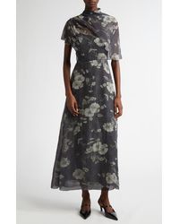Lela Rose - Floral Print Glen Plaid Chiffon Draped A-Line Dress - Lyst