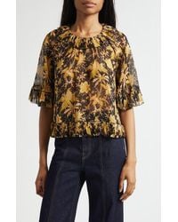 Ulla Johnson - Helaine Botanical Print Metallic Flutter Sleeve Silk Blend Top - Lyst