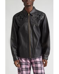 Noon Goons - Drop Top Floral Embroidered Lambskin Leather Zip Shirt Jacket - Lyst