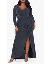 Betsy & Adam - Metallic Long Sleeve Ruffle Side Slit Gown - Lyst