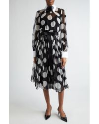 Dolce & Gabbana - Polka Dot Long Sleeve Belted Chiffon Midi Dress - Lyst