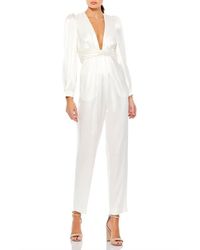 Mac Duggal - Satin Charmeuse Long-Sleeve Jumpsuit With Plunging Neckline & Ruched Waist - Lyst