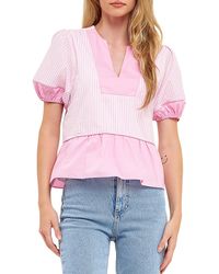 English Factory - Contrast Stripe Puff Sleeve Top - Lyst