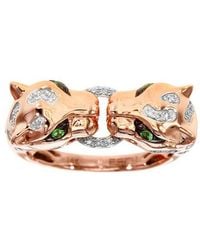 Effy - 14K Rose Diamond & Tsavorite Double Panther Head Ring - Lyst